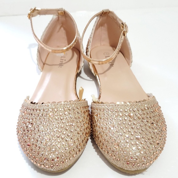 Girl's Ballet Strap Flat Formal Party Shoes Size 3 Golden Sparkly Embellished - Picture 2 of 7